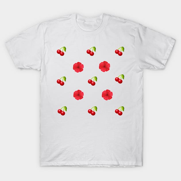 Red Cherries And Flowers T-Shirt by Fafi